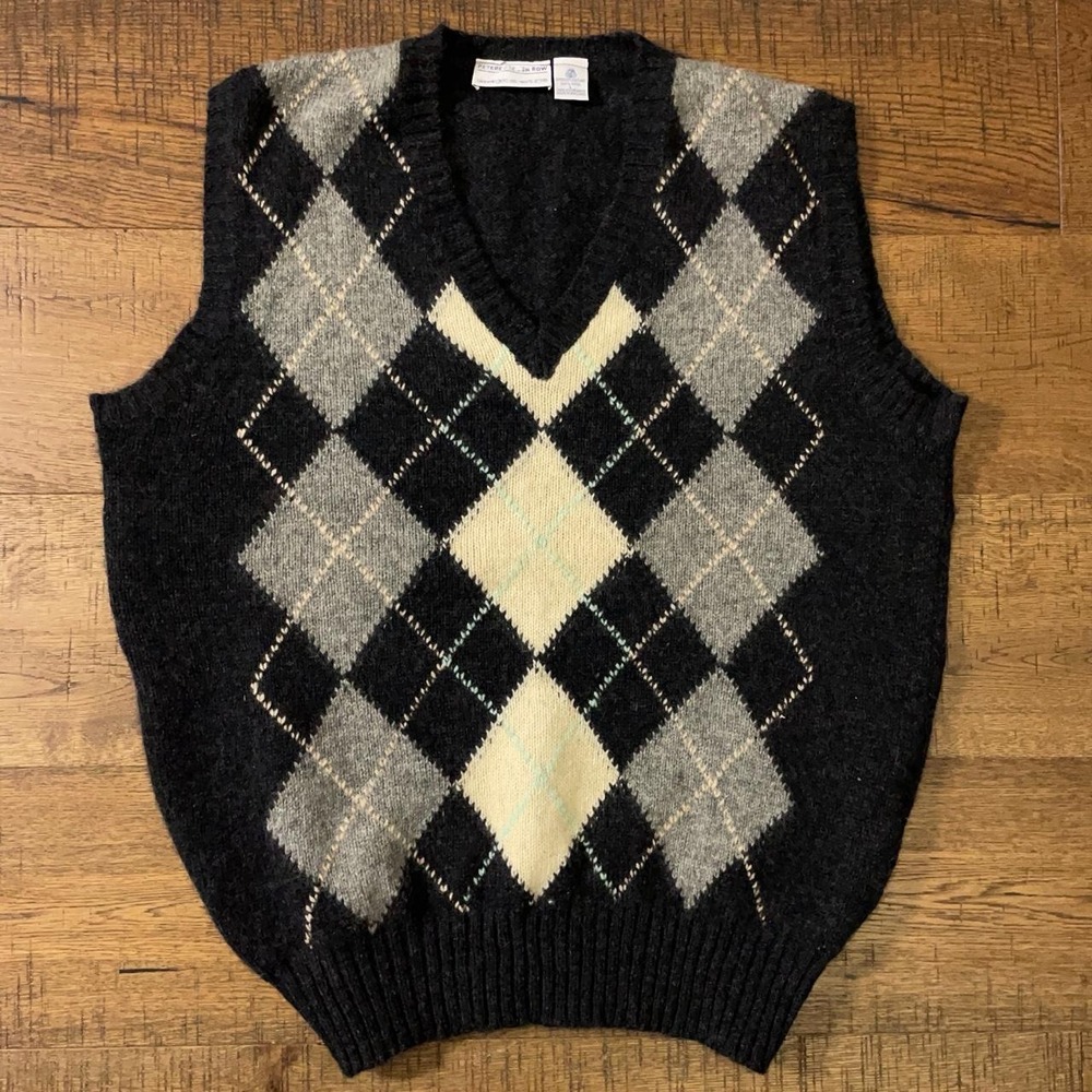 Peterborough Row Sweater Vest Mens L Grey Black Dark Academia Argyle Wool